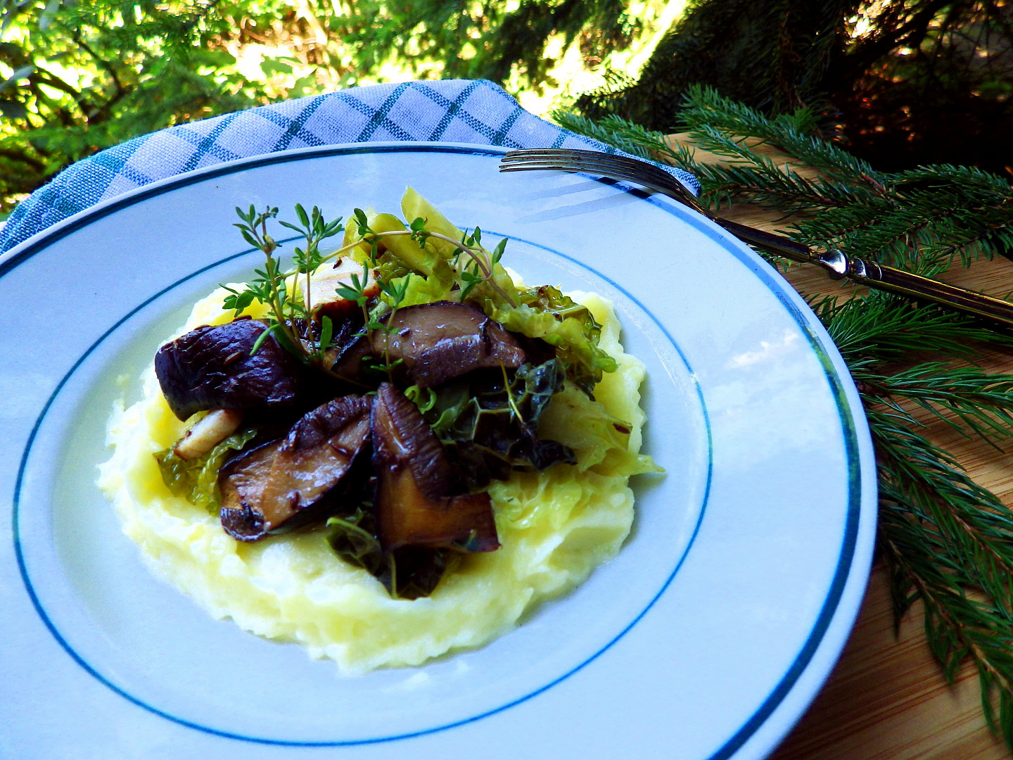 Houby na slanině s kapustou a tymiánem
