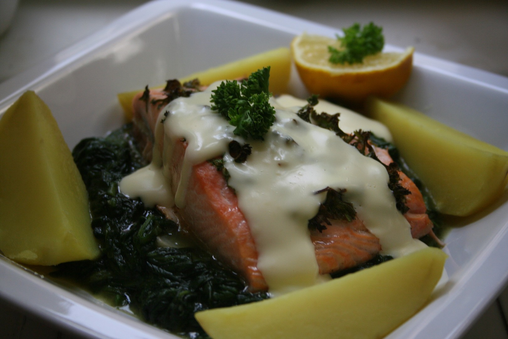 Losos ve špenátovém lůžku se sýrovým přelivem