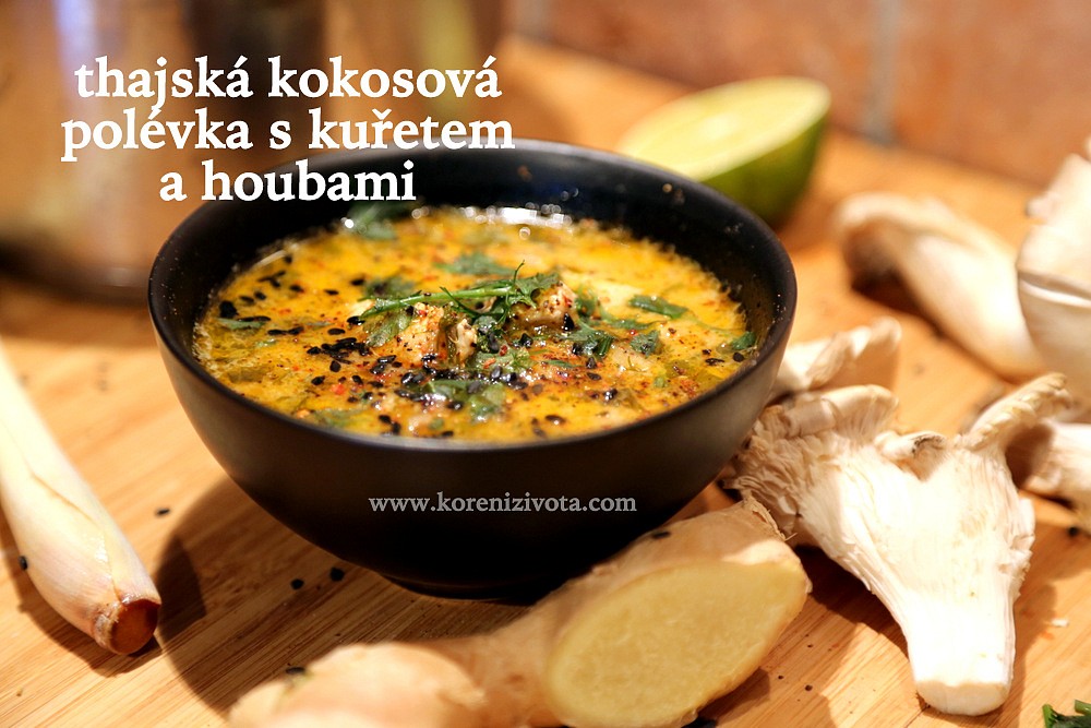 Thajská kokosová polévka s kuřetem a houbami